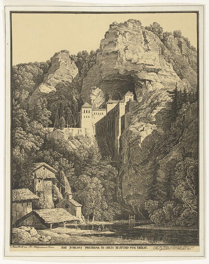 Predjama 城堡——嵌进崖壁洞口(K.F. Schinkel 铜版画,约 1816,公有领域)